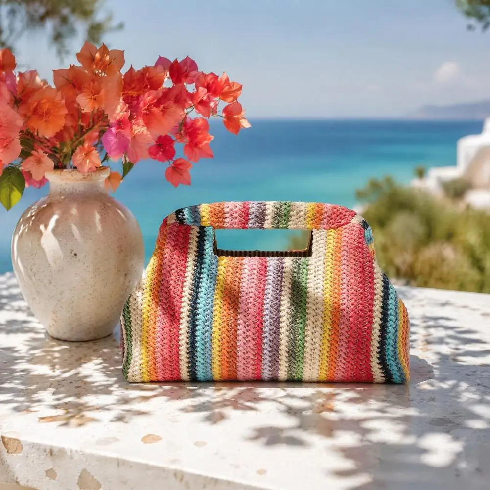 Women Colorful Striped Handbag, Woven Top Handle Purse,Trendy Summer Outfit Essential for Summer Beach Vacation Party Wedding