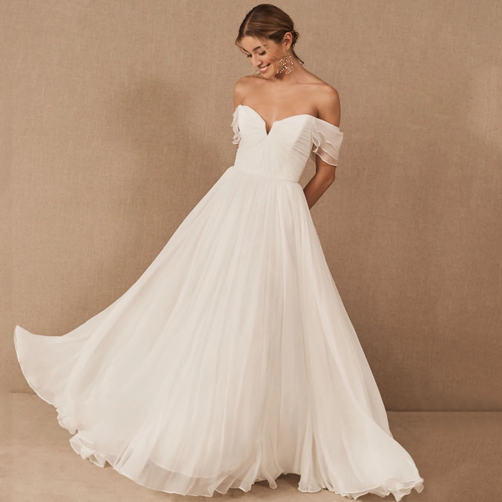 Classic Chiffon Short Sleeve A-Line Wedding Dress Pleat V-Neck Floor Length Sexy Open Back with Sweep Train Bridal Boho Gowns