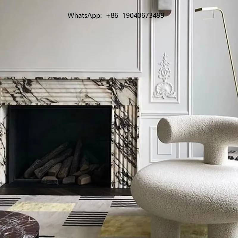 Marble Fireplace White Background With Black Veins Modern Design for Luxury Living Room   h003