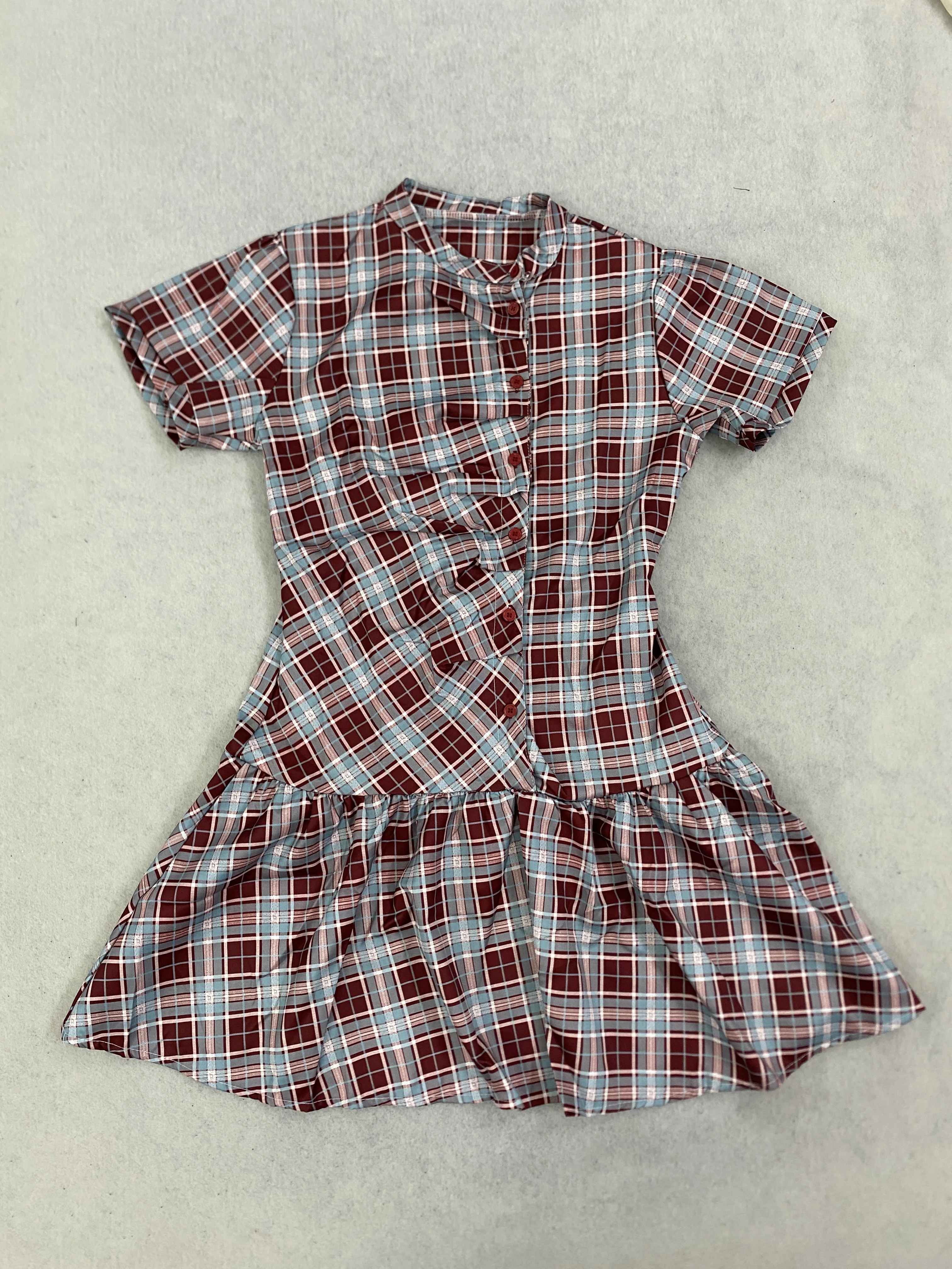 Damen Vintage Kariertes A-Linien-Minikleid Kurzarm Stehkragen Knopfleiste Plissiert Lässig Elegant Modisch – Detail 8