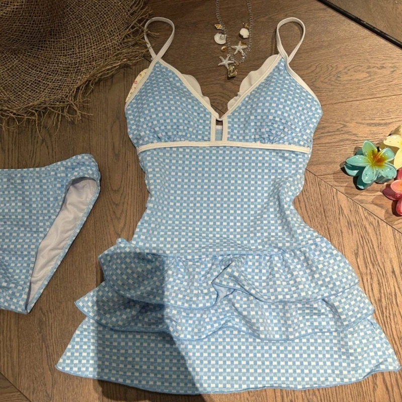 Sweet Girls Blue Piald One-piece Swimsuit Women Sexy Cami V-neck Ruffle Beach Dress with Shorts Swimwear Vacation Bathing Suit