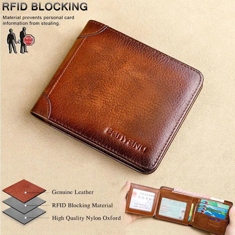 Rfid dos homens bloqueando carteira de couro genuíno bifold vintage slim curto multi função de grande capacidade bolsa de pele de vaca clipe de