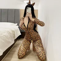 Sexy Leopard Jumpsuits Women Wet Look Faux Leather Catsuit Erotic Allure Zipper Open Crotch Porn Bodysuit Mistress Sex Costumes - Image 3