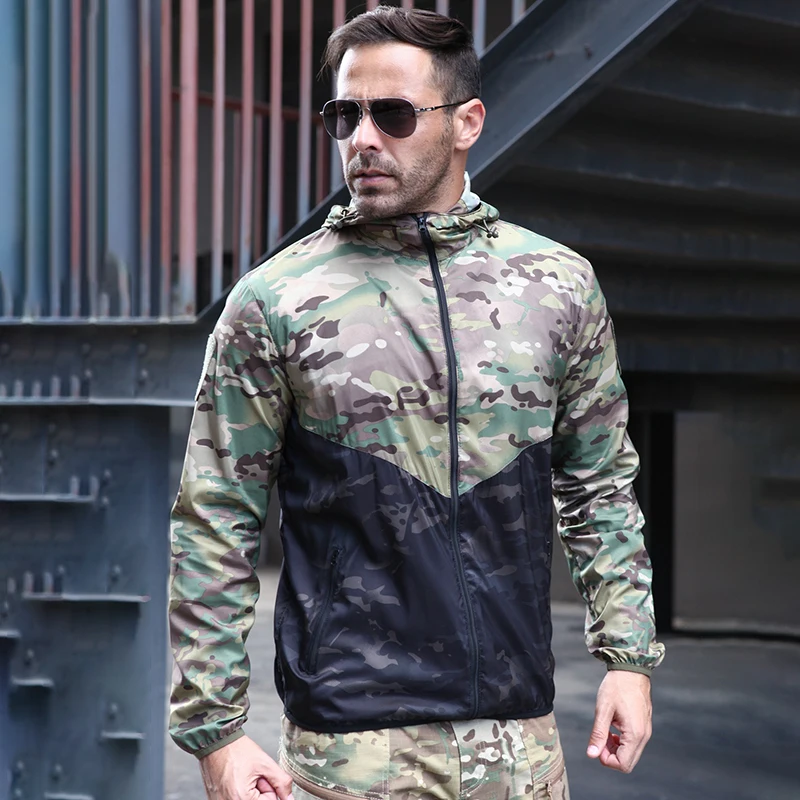 US Hot Sale Men Summer Tactical Jacket Outdoor Light Quick Drying Camping Fishing Jacket Military Camo Hooded Sunscreen Clothing