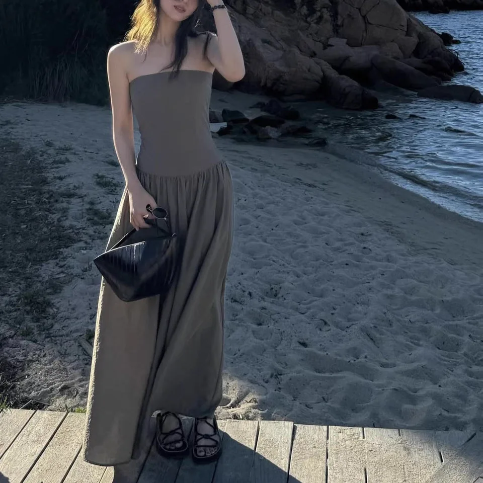 2025年夏 ドンダ 無地 スリム ロング丈 チューブドレス ハイウエスト コットンニットワンピース レディース ファッション エレガント マキシ丈ワンピース