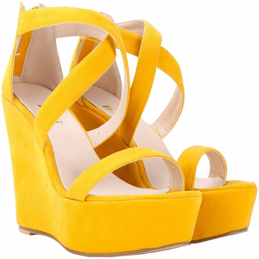 Fashion Platform Female Wedge Sandals 2024 Open Toe Back Zipper High Heels Shoes Hollow Flock Red Yellow Women Party Dress Pumps