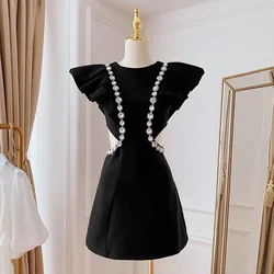 Nomikuma Fashion Diamonds Dresses Women 2023 Summer Hollow-out Slim Waist Dress Chic Ruffle Sleeveless O-neck Vestidos De Mujer