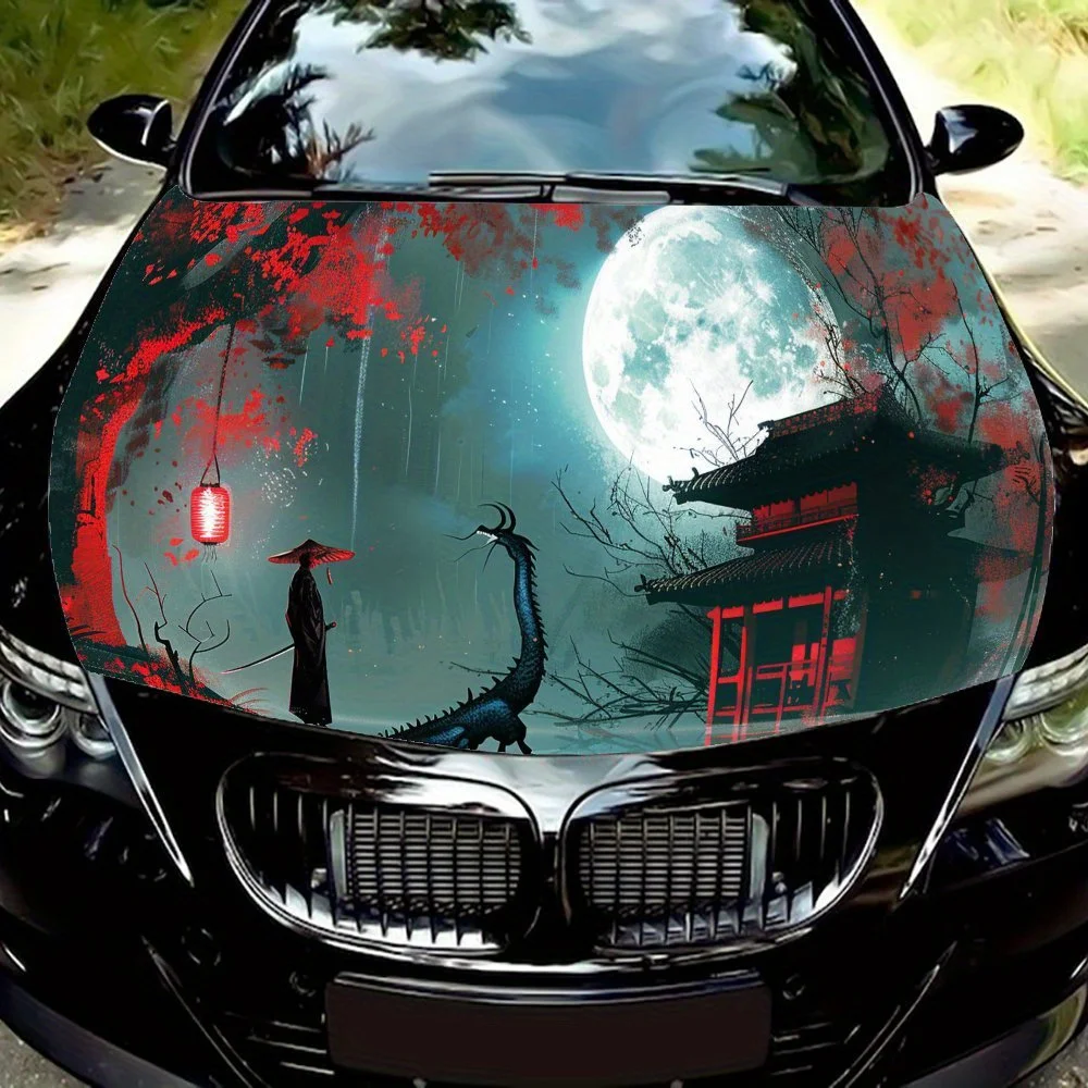

Samurai Moon Red Light Car Vinyl Wrap, PVC Waterproof Car Hood Sticker, Self-Adhesive Scratch-Resistant Stickers for Engine Cove