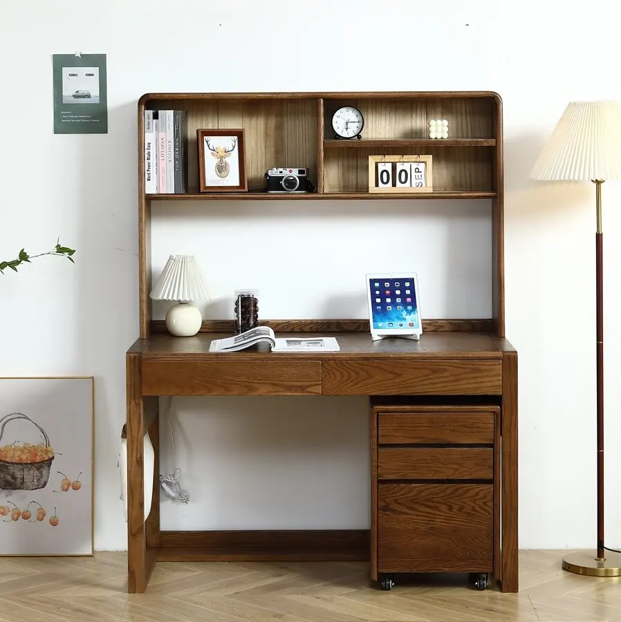 Oak children's desk, adjustable solid wood study desk, chair, writing bookshelf