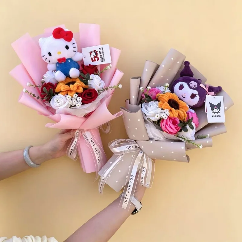 Image of Echtes Sanrio My Melody Kuromi Cinnamoroll Hellokitty Plüschtier mit künstlichen Blumen, kreative handgefertigte Blumensträuße, perfektes Geschenk