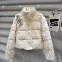 2024 Winter New Chic Heavy Industry Flash Diamond Bead Flower Plush White Duck Down Liner Jacket Short Warm Coat for Women