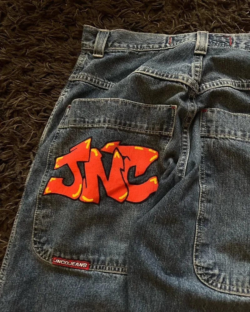 하라주쿠 JNCO 헐렁한 청바지, Y2K 힙합 고스 빈티지 패턴 하이 퀄리티 청바지, 스트리트웨어, 캐주얼 캐주얼 와이드 레그 청바지, 남녀공용