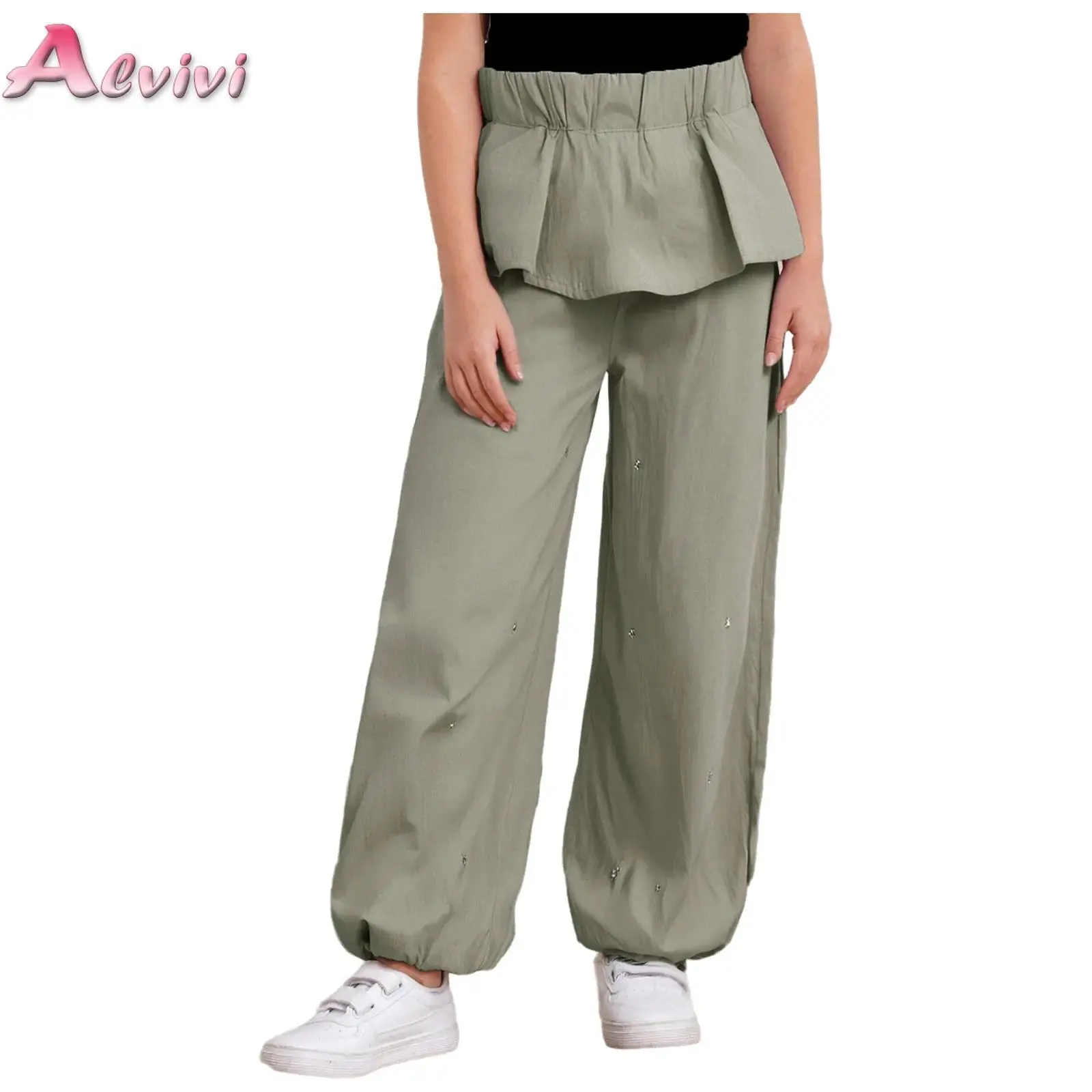 

Kids Girls Cute Bowknot Peplum Wide-Leg Pants High Waist Elastic Waistband Star Studs Trousers Picnic Beach School Holiday Party