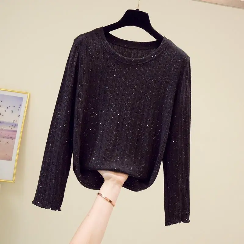 Spring and Autumn Women\'s Loose Pullover Round Neck Solid Fit Knitted Long Sleeve Underlay Fashion Casual Elegant Commuter Tops