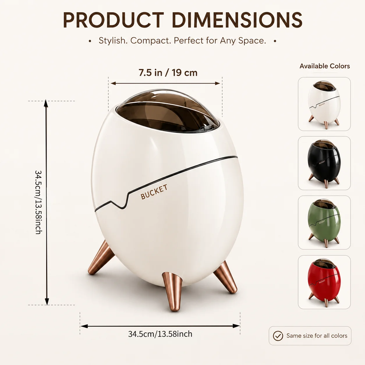 1 Pack Egg Shaped Swing Lid Trash Can with Removable Inner Bucket & Smoky Odor-proof Cover, Luxury Golden Metal   JJ2772