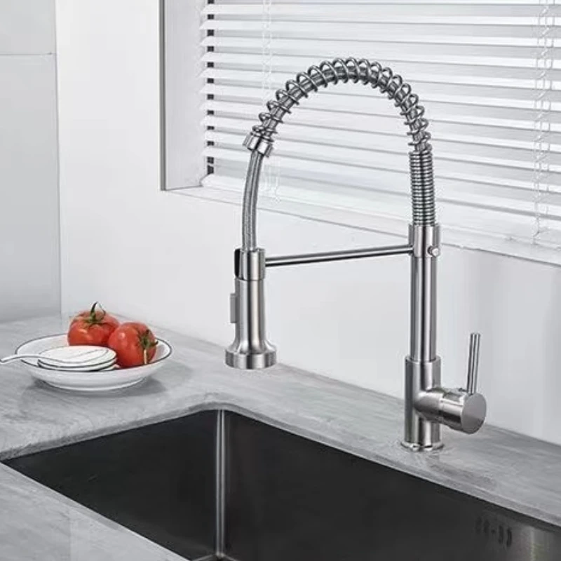 Kitchen Faucets Brushed Brass Single Lever Pull-Out Spring Spout Mixer Tap Hot Cold Water Deck Mounted Sink Faucet