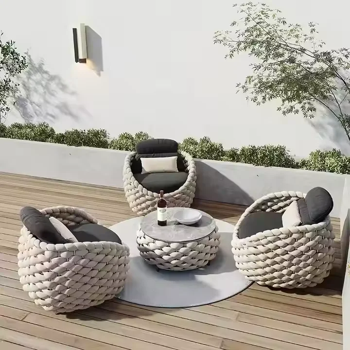 الحديثة في الهواء الطلق حديقة الترفيه حبل طقم أريكة فندق شرفة فناء المنسوجة يدويا مقاعد سبائك الألومنيوم