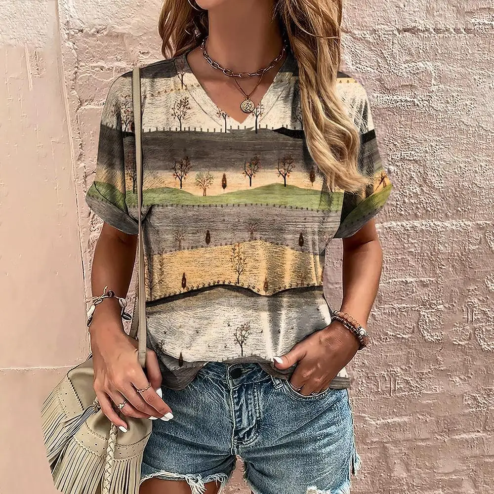 3D Vintage Grafik Damen V-Ausschnitt T-Shirt Sommer Outdoor Straße Täglich Harajuku Stil Y2K Kurzarm T-Shirts Mode Lose Kleidung – Detail 6