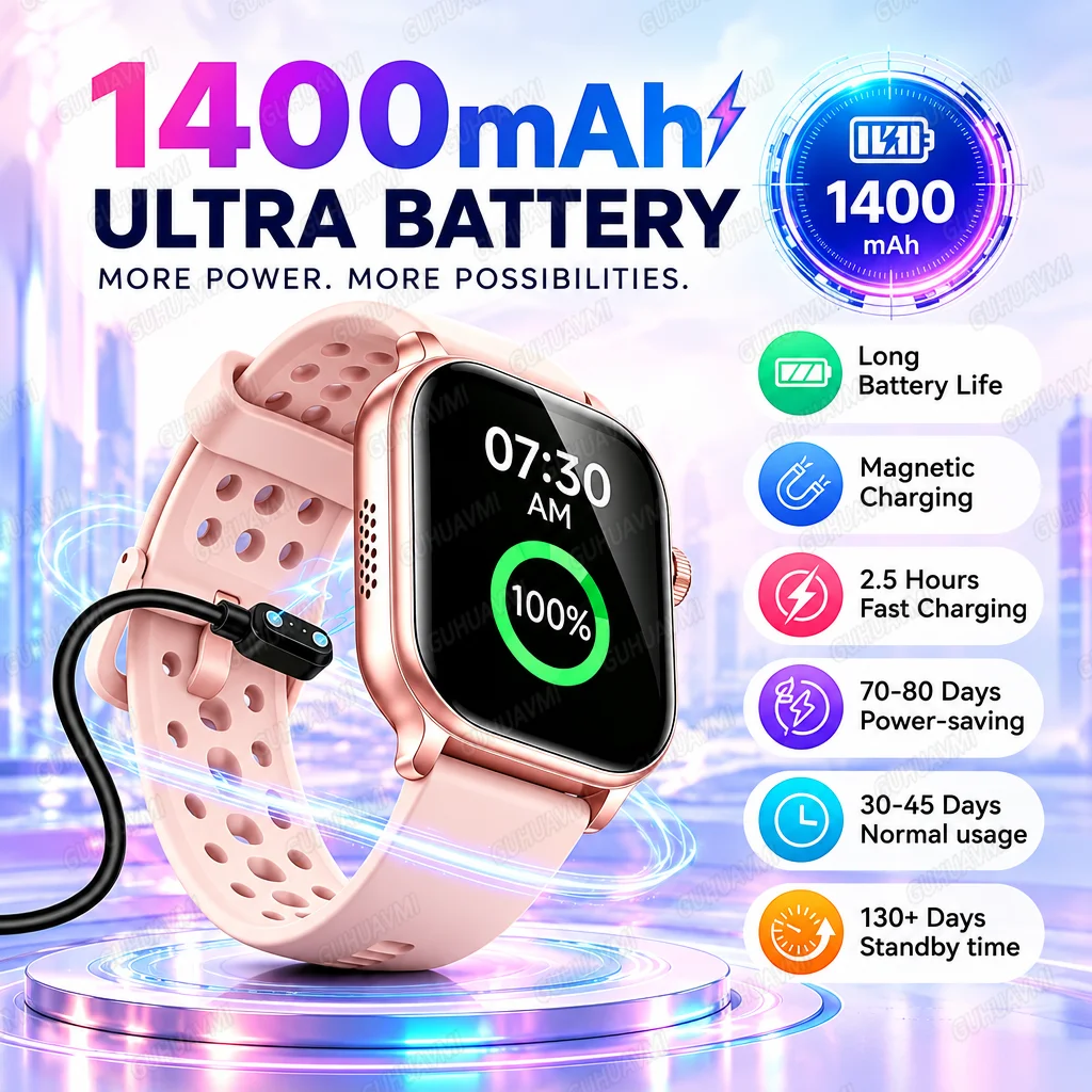Nowy smartwatch damski z baterią 1400 mAh, wyświetlaczem AMOLED, latarką LED, funkcją połączeń Bluetooth, monitorowaniem zdrowia i sportu, wodoodporny, bransoletka, 2026