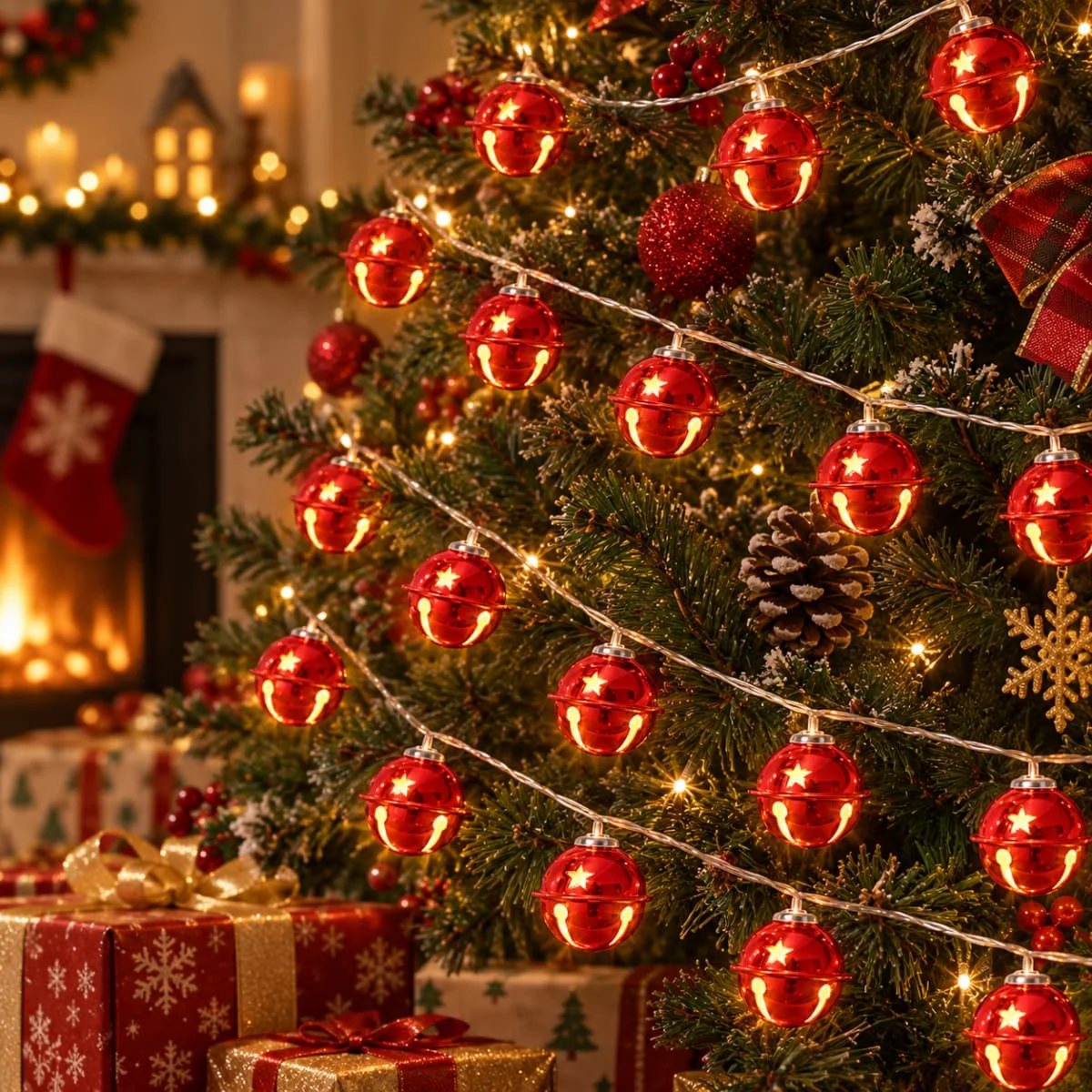 1pc 10/20 LED Christmas String Light With Red Bells Xmas Tree Decorative Hanging Lamp Battery Powered For Home Xmas Decoration ﻿