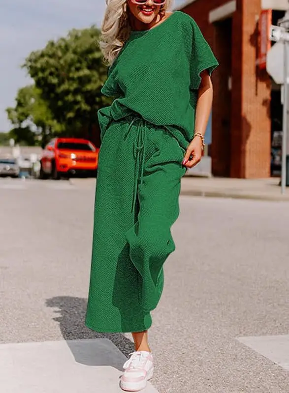 Summer Women's Suit Fashion Solid Color Two Piece Set Casual Loose V Neck Top And Loose Wide Legs Trousers Set 2025 Sportswear