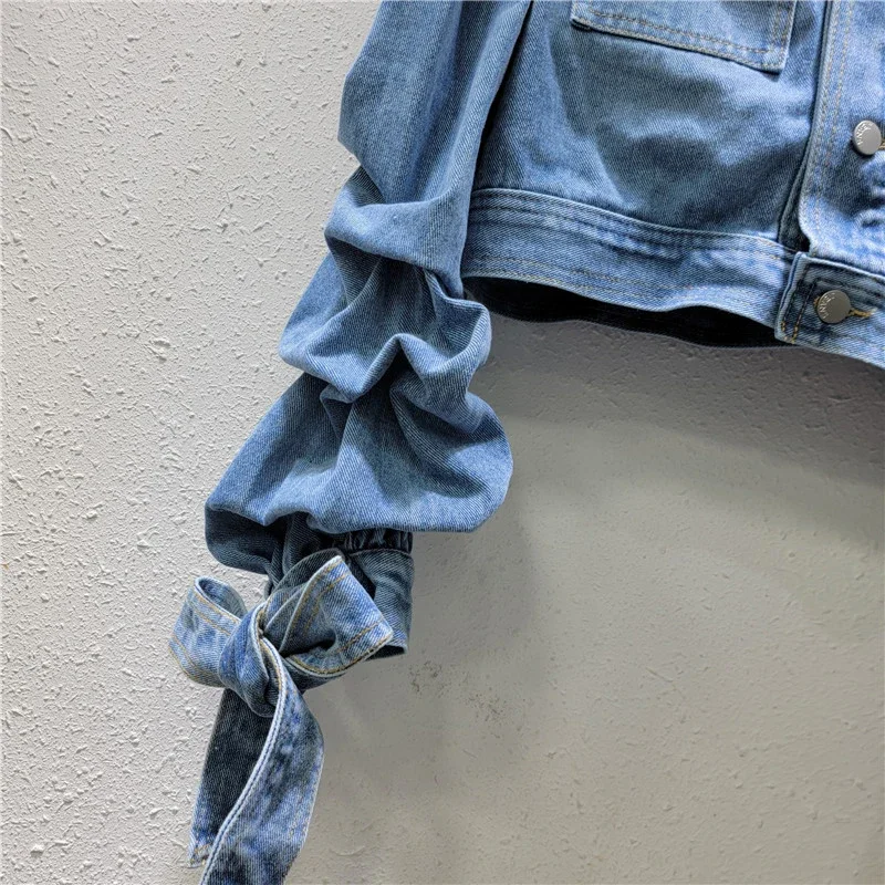 2024 Autumn New Lapel Bow Design Women's Denim Jacket Fashion Versatile Long Sleeve Short Coat Female Trendy