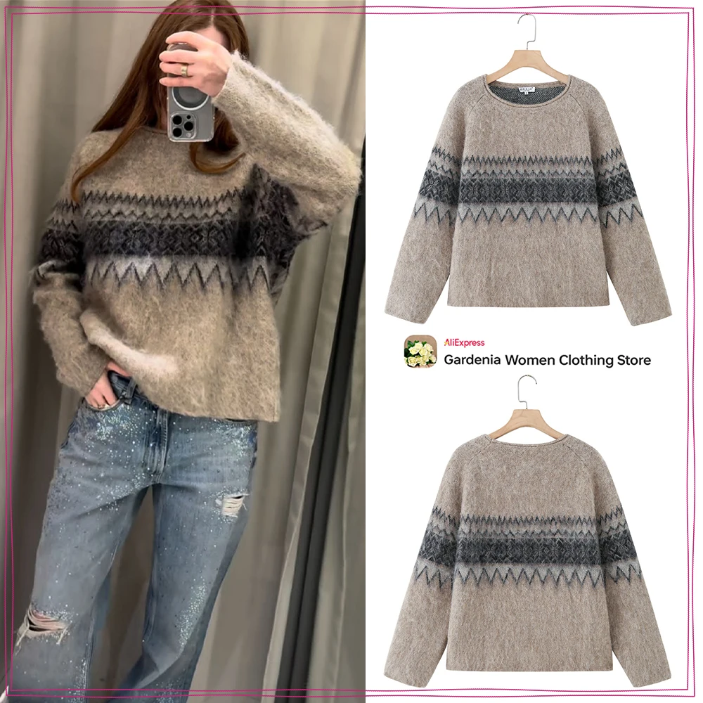 

Stylish Women Brushed Effect Jacquard Knit Jumper Elegant Chic Round Neck and Long Sleeves Sweater Autumn Casual Comfy Pullovers