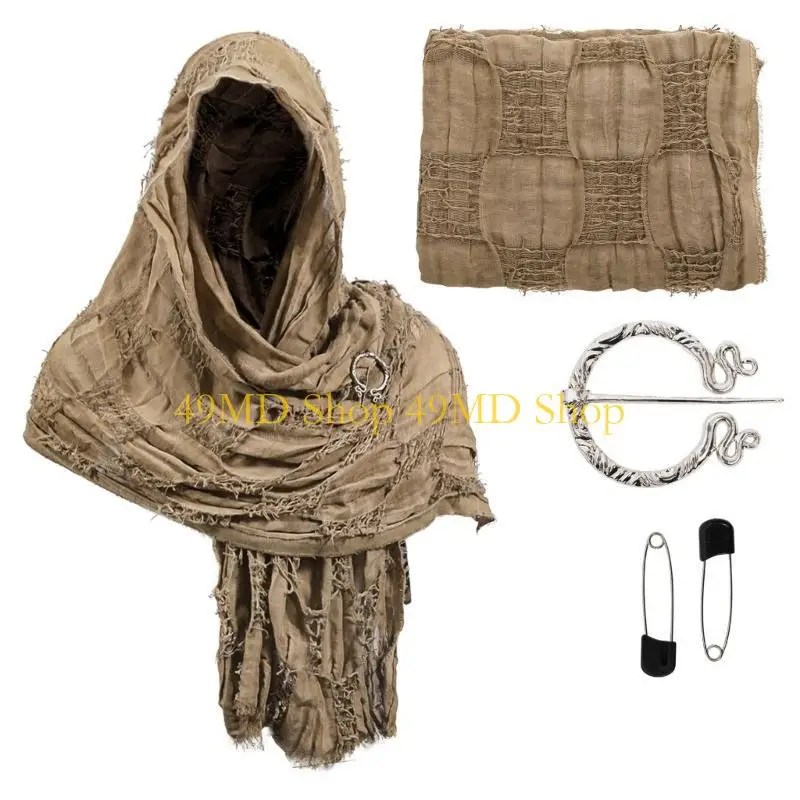 49MD Medieval Wizard Cloak Scarf Distressed Trims Shawl Renaissant Event Accessory