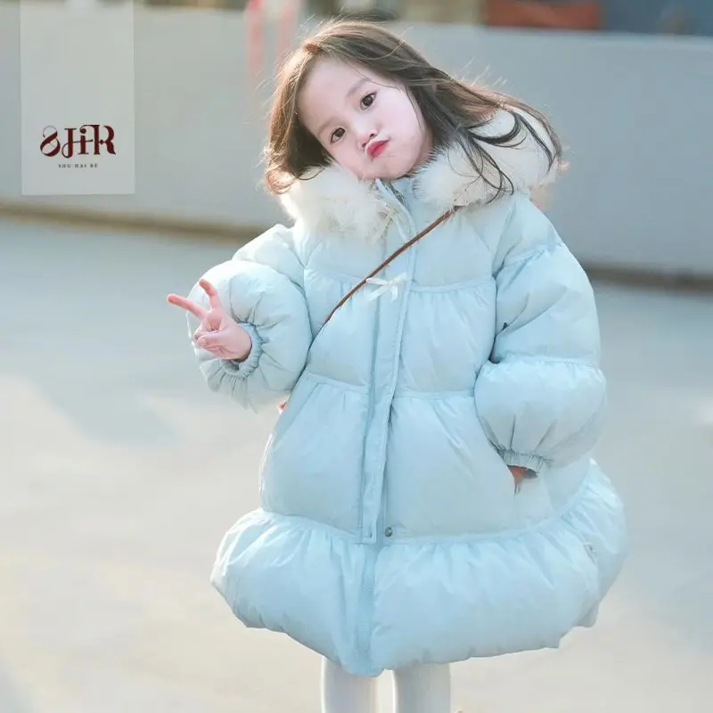 

2025 Children's Cotton Jacket for Girls Korean Edition Medium To Long Thickened Coat Winter New Girl Hooded Princess Cotton Coat