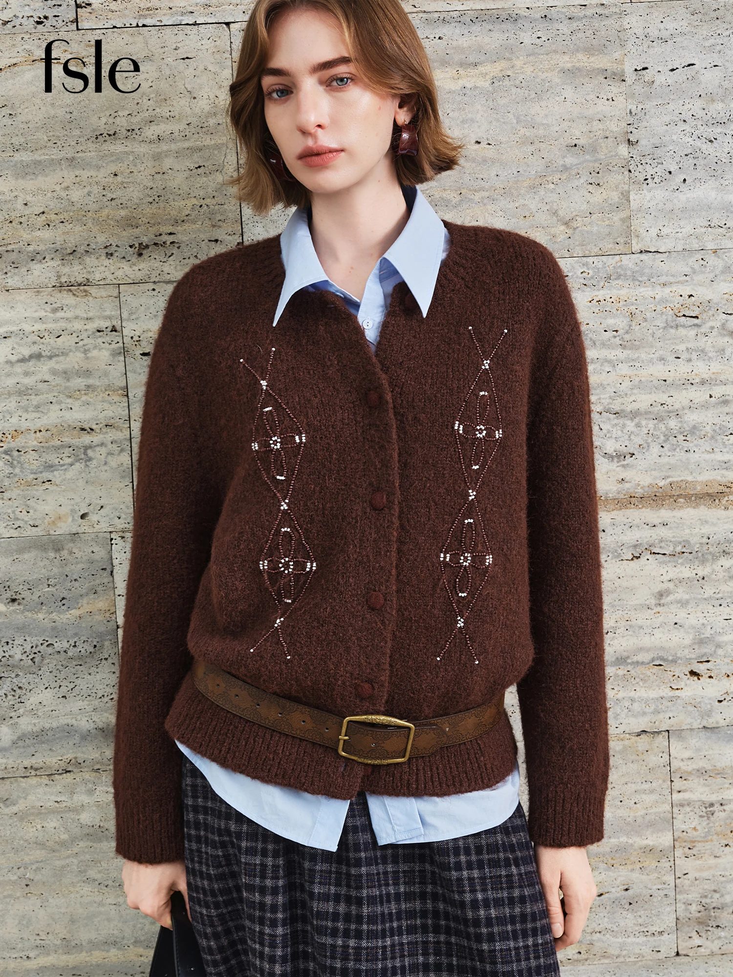 

FSLE【Premium Series】2025 Winter Women Vintage Beaded Round Neck Knit Cardigan Retro Rhinestone Sweater Elegant Pearl Blouse