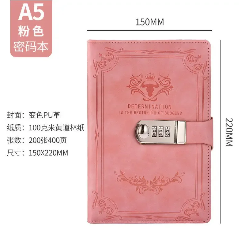 A5 Vintage Password Book, Privacy Diary with Lock, Thickened Student Notebook with Password Lock, Stationery Notebook.Cuaderno.