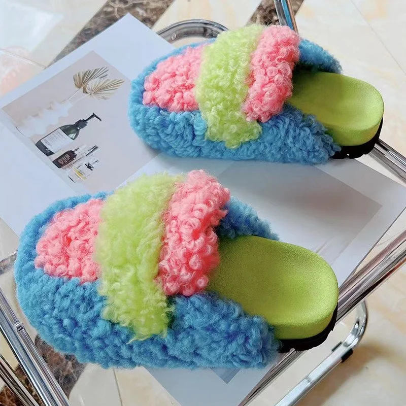 

Color Matching Creative Baotou Slippers Sheep-rolled Fur Thick Sole Warm Fashion Slippers Winter Indoor Lady Fluffy Slippers