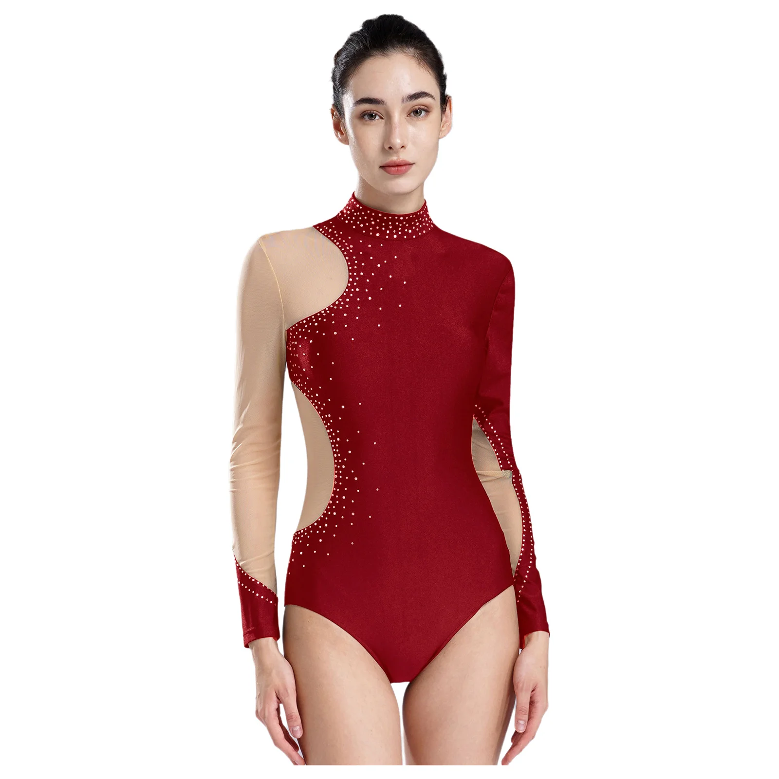 

Gymnastics Leotards for Womens 2024 Figure Skating Ballet Dance Costume Long Sleeve Rhinestones Sheer Mesh Patchwork Bodysuit