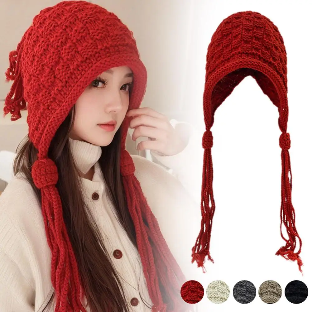 Fashion Had Woven Tassel Handmade Knitted Hat Autumn Color Cap Solid Hooded Beanie Winter Crochet Girl Ear Warm A5e6