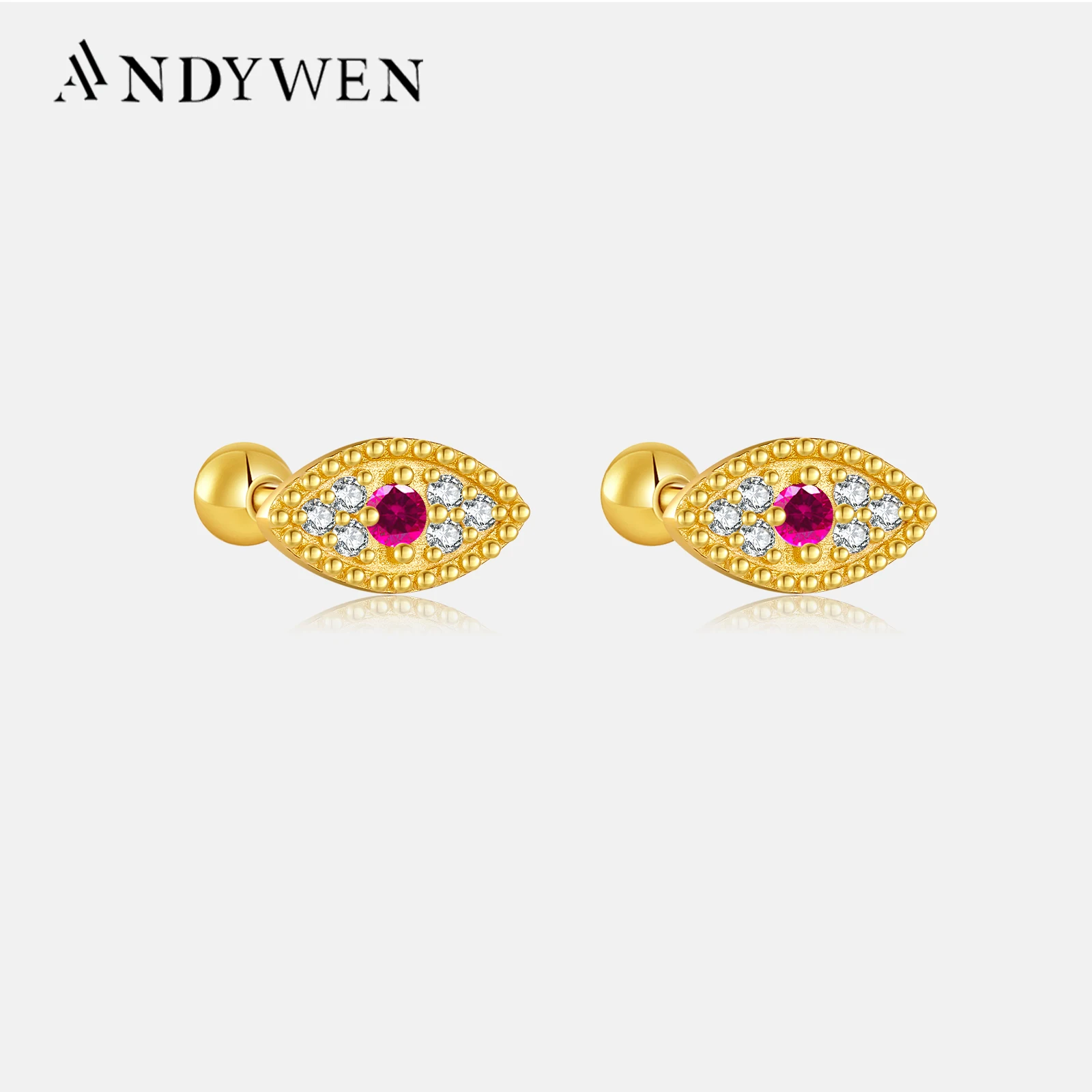 ANDYWEN 925 Sterling Silver Gold Rose Red Rainbow Lucky Eye Stud Earring Women Piercing Tiny Clips Rock Punk Jewelry