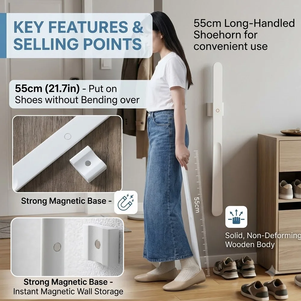55cm White Wooden Magnetic Shoe Horn, Wall Mount Magnetic Shoe Helper, Solid Wood Shoe Lifter Space Saving for Entryway