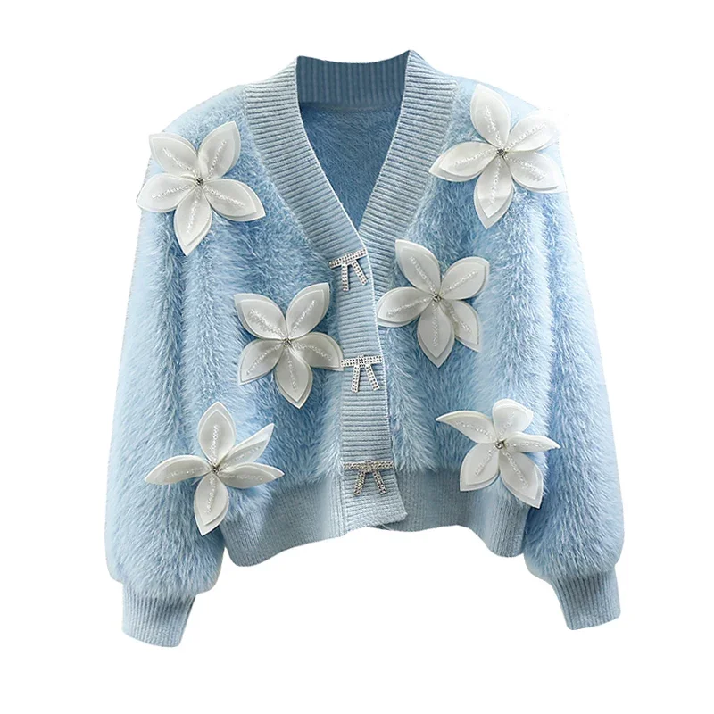 Luxury Women Diamonds Beads 3D Flowers Knitted Sweater Coat Mohair Crocheted Cardigan V-neck Mink Cashmere Kniwear OL Crop Tops