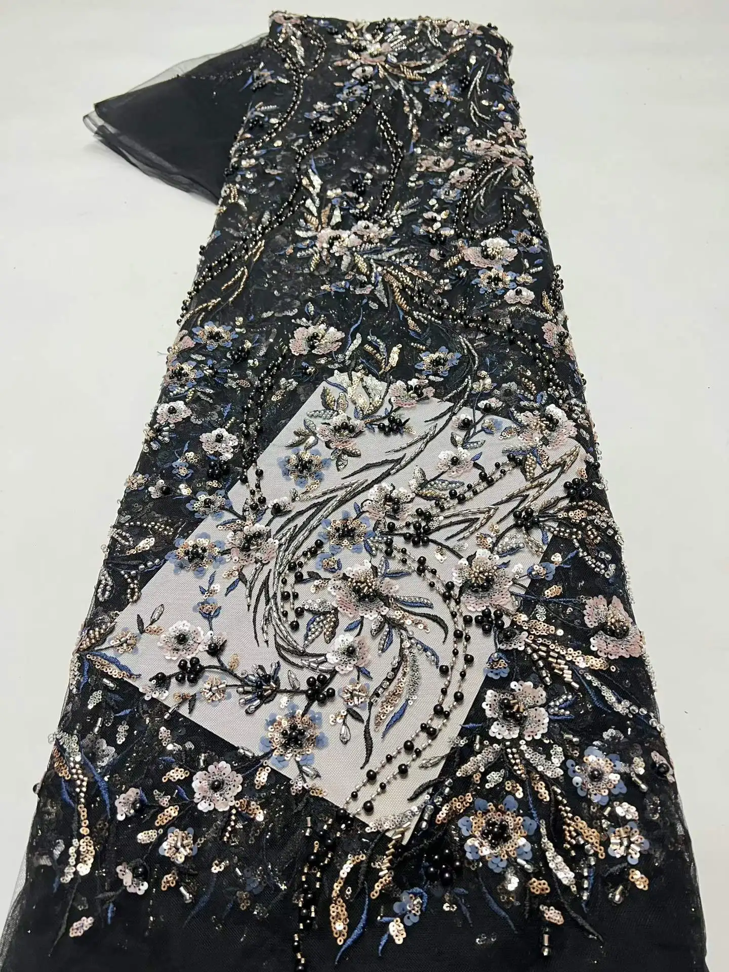 

2026 New Design High Quaity Tulle Lace Fabric Handmade Beaded And Stones Embroidery Lace Fabric for Bridal Wedding Evening Dress