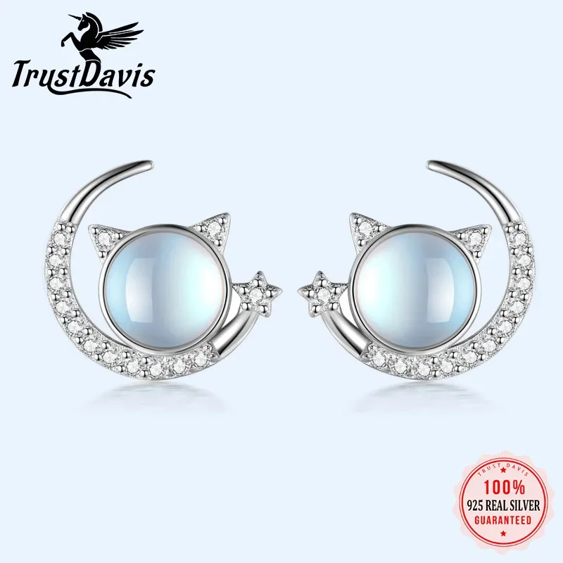 TrustDavis Real 925 Sterling Silver Moon Cat Moonstone Dazzling CZ Stud Earring For Women Wedding Fine S925 Jewelry DA2917