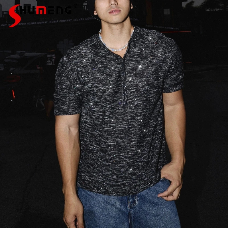 

Fashion Sequined Short-sleeve T-shirts Men's 2026 Summer New Blingbling Shiny Handsome Tees Male Stylish Simple Breathable Tops