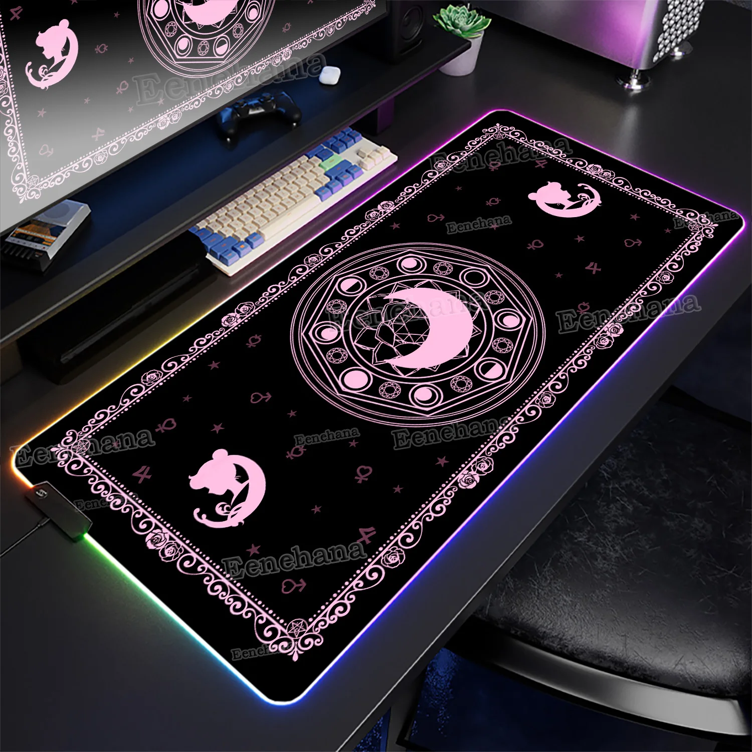 

RGB Black Tarot Cards Sailor Moon Mouse Pad LED Keyboard Expansion Pad Backlight Large PC Game Accessories Laptop Office DeskMat