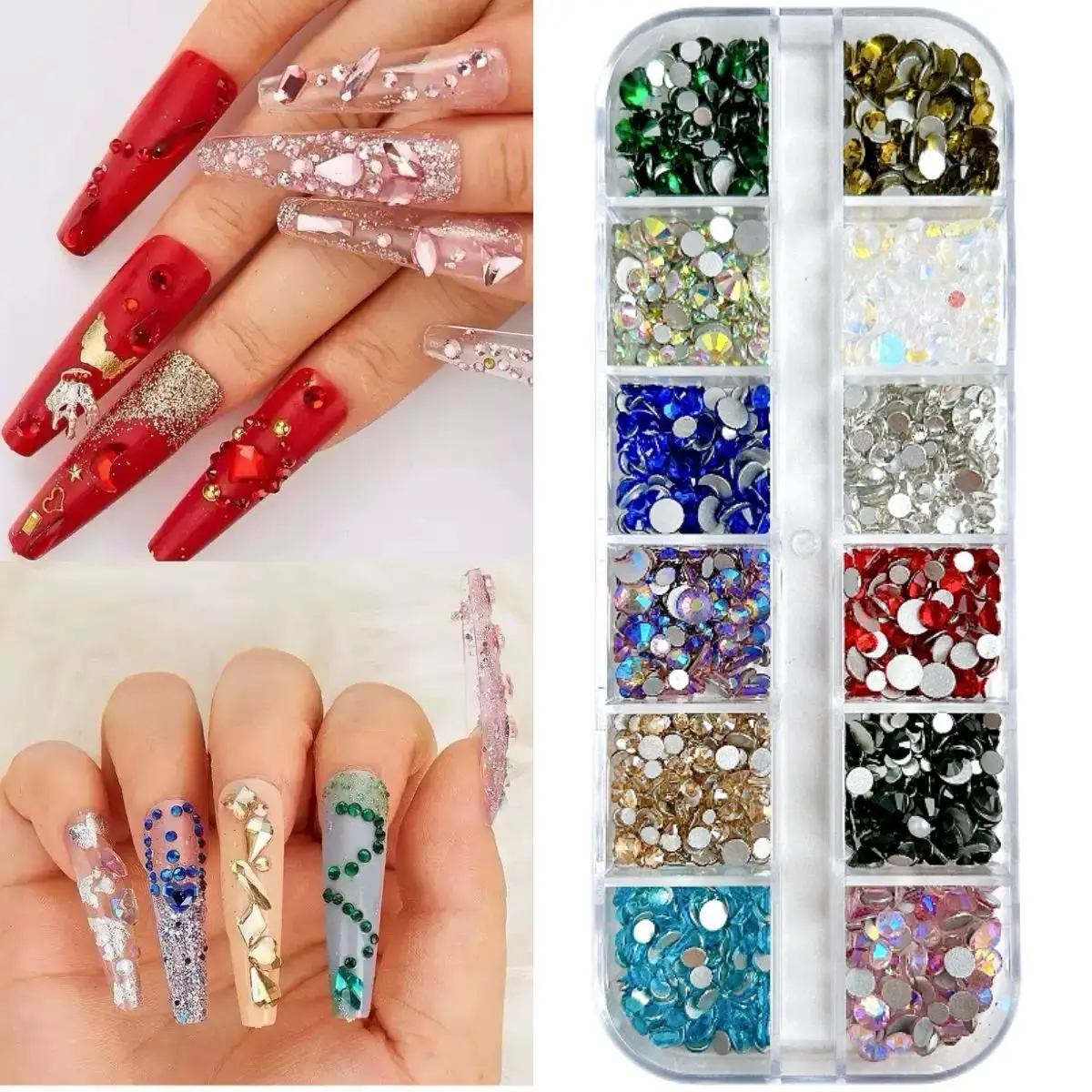 1 pudełko lśniące drobne wielkoformatowe zawieszki do paznokci ze strasem kolorowe okrągłe Rhinestone zdobienie paznokci dekoracje Manicure DIY akcesoria