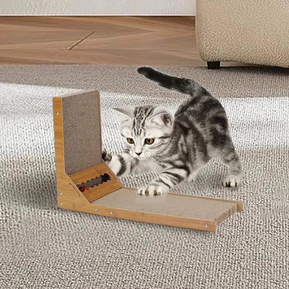 Brown L Shaped Corrugated Cat Scratching boards with Toy