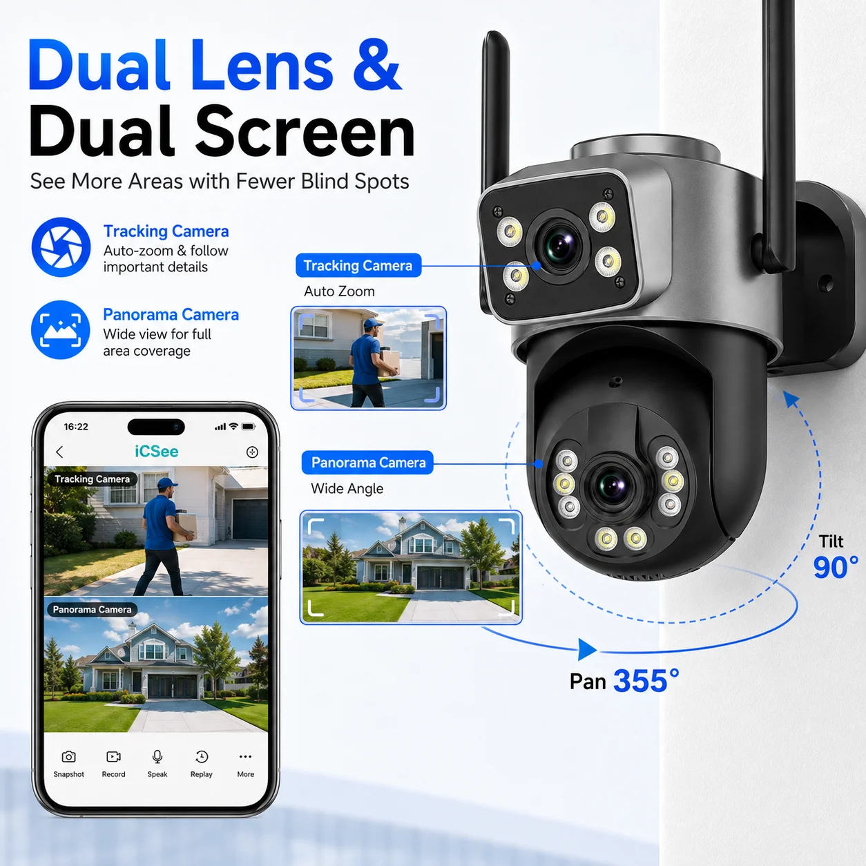 Outdoor Wifi6 Camera 5K 10MP PTZ Indoor Surveillance AI Auto Tracking Dual Band HD Dual Lens 8MP IP CCTV Security ICSee APPAudio