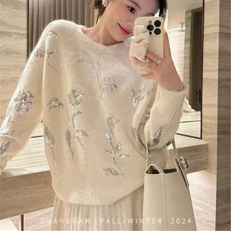 Korean Fashion Luxury Rose Floral Sequins Knitted Sweaters Jumper Women 2025 New casual Collar Long Sleeve Soft Loose Pullovers