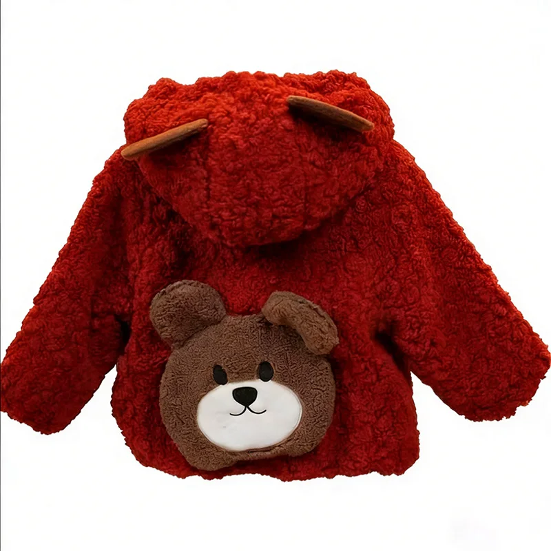 Unisex Kids Winter Warm Coat Wine Red Lamb Wool Fleece Jacket Toddler Cute Cartoon Bear Ears Hooded Zipper Outerwear for Girls