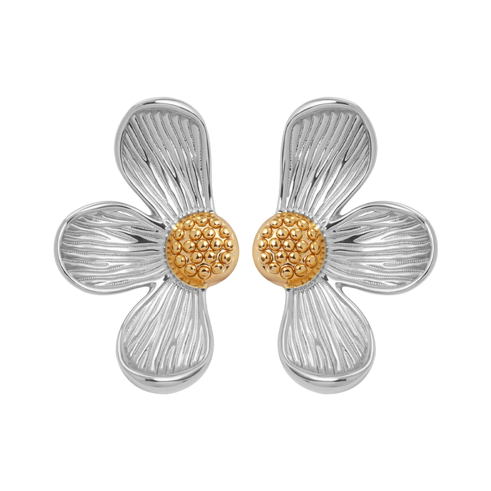 

JINHUI Vintage Irregular Flower Ear Studs Stainless Steel Gold Silver Color Mixing Earrings for Woman Jewelry Gift