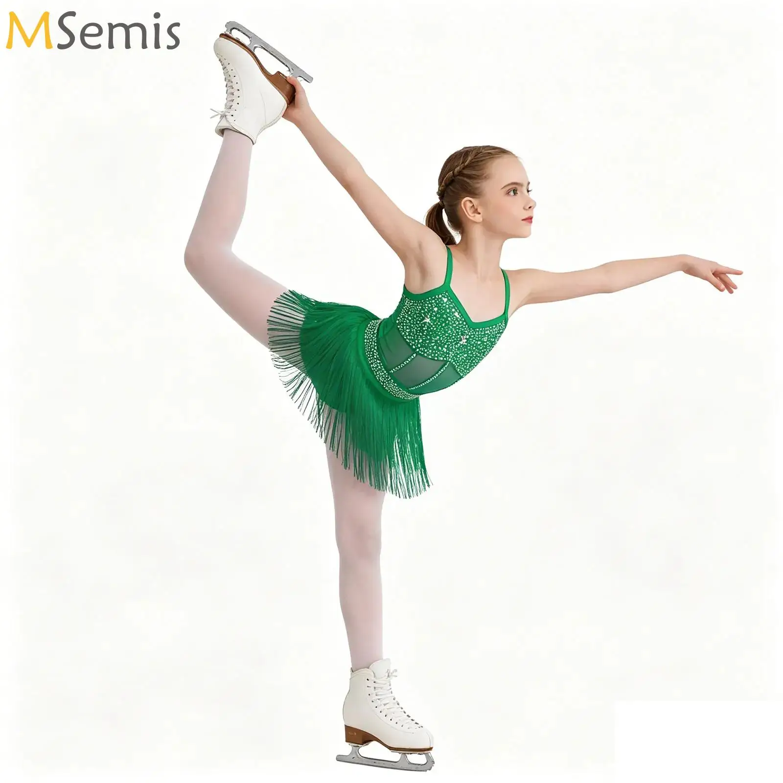 

Rhinestone Latin Tango Dance Leotard Dress Kids Girls Sheer Mesh Patchwork Tiered Tassel Fringed Bodysuit Jazz Salsa Dance Dress