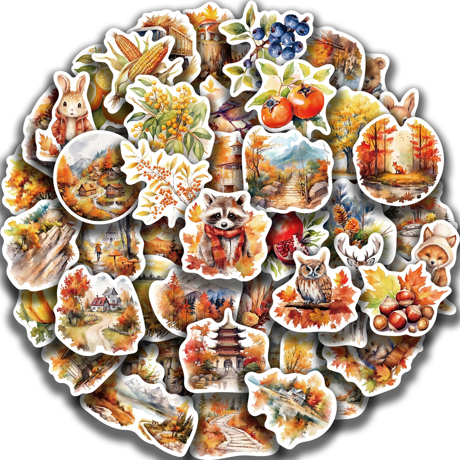 50pcs Waterproof Graffiti Cute Cartoon Autumn Animals Foods Stickers For Laptop Water Bottle Luggage Notebook Vinyl Decals﻿