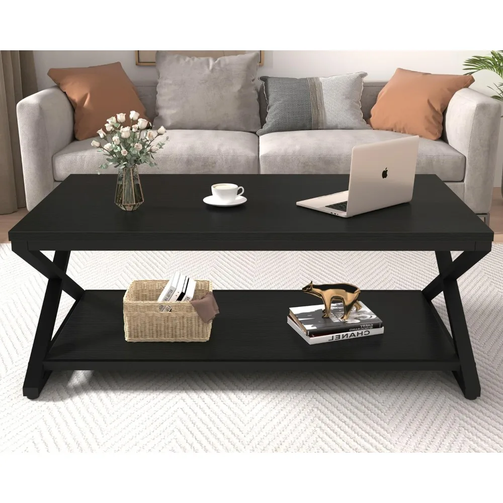Modern 47 Inch Rectangle Coffee Table with Storage Shelf and Minimalist Industrial Design